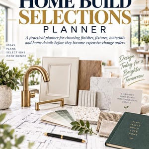May include: A PlotToPlan Home Build Selections Planner with a dark green cover, gold text, and interior pages featuring architectural blueprints. The display includes a gold faucet, cabinet door, wood and stone samples, and color swatches.