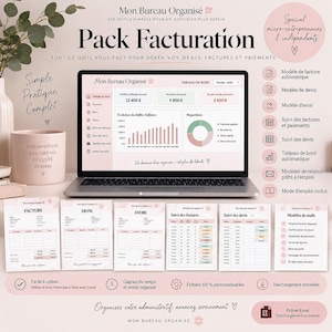 Peut inclure: Un pack de facturation numérique présenté sur un écran d'ordinateur et des feuilles imprimées. L'interface comprend un tableau de bord avec des graphiques financiers, des modèles de factures, des devis et des outils de suivi des paiements en rose et blanc.