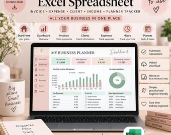 Hoja de cálculo de Excel para pequeñas empresas / Seguimiento de facturas, gastos, clientes, ingresos y planificación