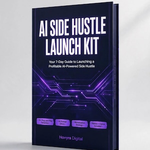 Puede incluir: Un libro azul oscuro titulado AI SIDE HUSTLE LAUNCH KIT con el subtítulo Your 7-Day Guide to Launching a Profitable AI-Powered Side Hustle. La portada presenta gráficos de circuitos en color violeta y cuatro etiquetas rectangulares con recursos.