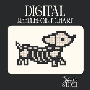 Op de afbeelding: Een digitaal naaldpuntpatroon met een gepixeld hondenskeletontwerp in zwart en wit. De tekst luidt DIGITAL NEEDLEPOINT CHART en THE SUNDAY STITCH. De afbeelding staat tegen een donkere achtergrond met een crèmekleurige rechthoekige rand.