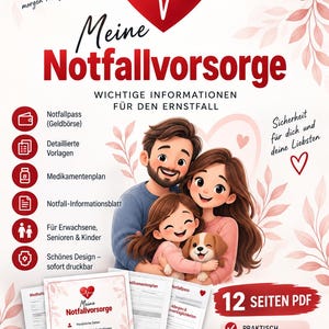 Może przedstawiać: 12-stronicowy dokument PDF dotyczący przygotowania na wypadek sytuacji awaryjnych zatytułowany Meine Notfallvorsorge. Zawiera ilustrację rodziny z psem, czerwone serce z linią EKG oraz sekcje dotyczące planów medycznych i danych osobowych.