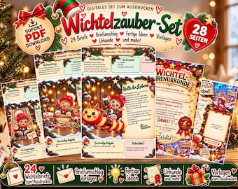 Könnte beinhalten: Ein digitales Set zum Ausdrucken mit dem Titel Wichtelzauber-Set, bestehend aus 28 Seiten mit Briefen, Umschlägen, Urkunden und Vorlagen rund um das Thema Weihnachtswichtel, verziert mit bunten Illustrationen und festlichem Text.