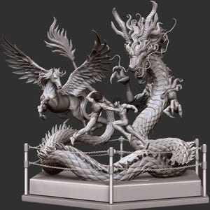 Puede incluir: Una escultura de resina gris que presenta un gran dragón serpentino y un caballo alado colocados dentro de un ring de boxeo. Dos figuras humanas están enfrascadas en una pelea en el centro del ring, rodeadas por el cuerpo del dragón.