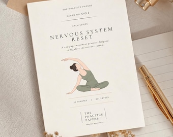Puede incluir: Una tarjeta informativa de color crema titulada The Practice Papers Paper No. 001 Calm Series Nervous System Reset. Presenta un dibujo lineal de una persona en una postura de yoga sentada, con texto que indica una duración de 20 minutos.