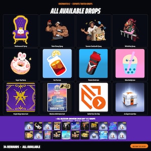 May include: A digital display of Overwatch 2 Esports Twitch Drops featuring twelve square icons including a purple throne, character illustrations, a donut, tea, a shaker bottle, boba drink, name cards, and loot boxes with text labels for each item.