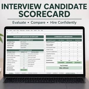 May include: A laptop screen displaying an Interview Candidate Scorecard Excel template with sections for candidate information, evaluation criteria, and a comparison table. The screen shows text including Interview Candidate Scorecard, Evaluate, Compare, Hire Confidently, and Candidate Comparison.