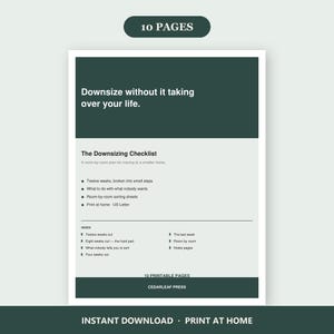 Checklist voor het verkleinen van je woning voor senioren, printbare verhuisplanner voor ouderen, sorteerformulieren per kamer, direct te downloaden PDF