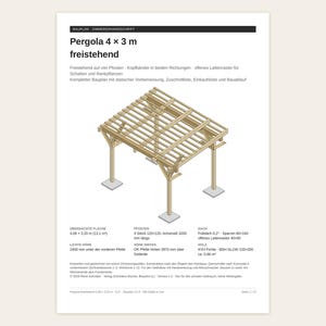 May include: A technical construction plan for a 4 x 3 meter freestanding wooden pergola. The document includes an isometric illustration of the structure, technical specifications, material lists, and assembly instructions in German text.