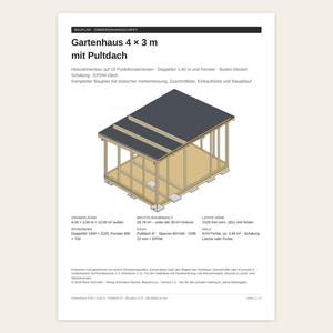 May include: A construction plan for a 4 x 3 meter garden shed with a pent roof. The document includes an isometric illustration of the wooden frame structure, technical specifications, dimensions, and material details in German text.