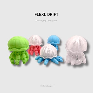 May include: Four articulated jellyfish figures labelled FLEXI: DRIFT and Classic jelly. Quiet pulse. The figures are green, translucent white, red, and blue, featuring segmented tentacles and rounded caps. The brand name PrinTerra Designs is visible.