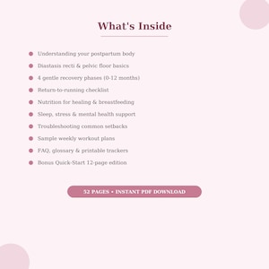 May include: A light pink informational document titled What's Inside, listing 10 bullet points about postpartum recovery, including diastasis recti, nutrition, and workout plans. At the bottom, a dark pink button states 52 PAGES • INSTANT PDF DOWNLOAD.
