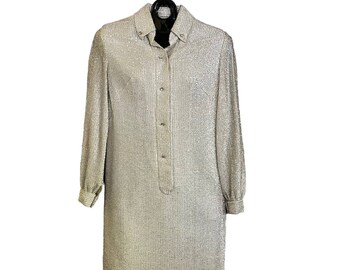 Vintage Metallic Silver Midi Shift Dress Shirtdress - Women's Size S/M