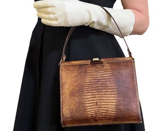 Vintage Genuine Lizard Cognac Brown Leather Satchel - Reptile Top-Handle Handbag