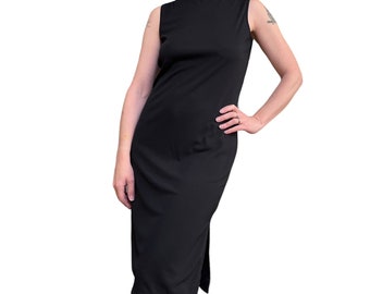 Vintage Mary McFadden Collection Bateau Neck Black Sleeveless Sheath Midi Dress - Womens LBD Size Medium