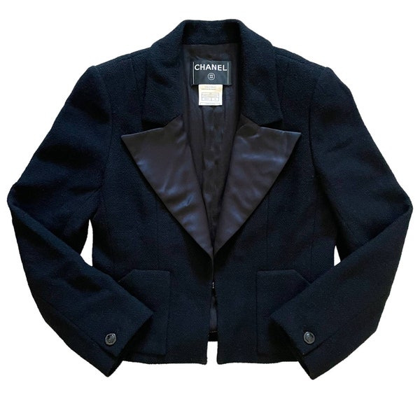 CHANEL Vintage Boucle Black Wool Dinner Jacket Cropped Blazer Cruise 2003