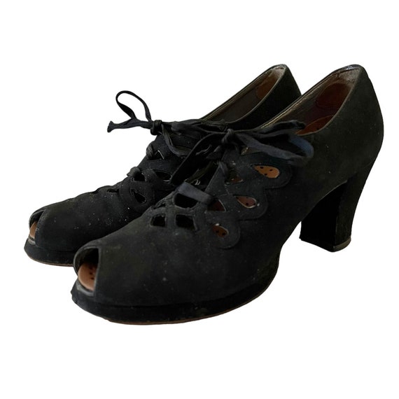 Vintage Black Suede Lace-Up Peep-Toe Oxfords Pump… - image 2