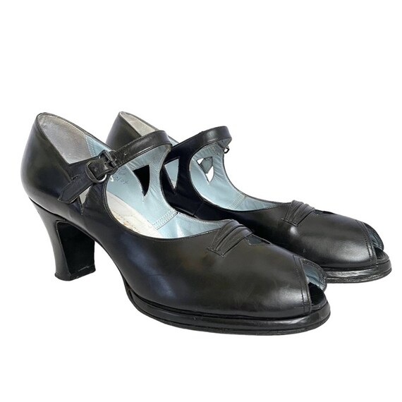 1940s Matrix for Carson Pirie Scott Co Black Leather Mary Janes Heels Vintage Peep Toe Pumps Size 6.5A Narrow