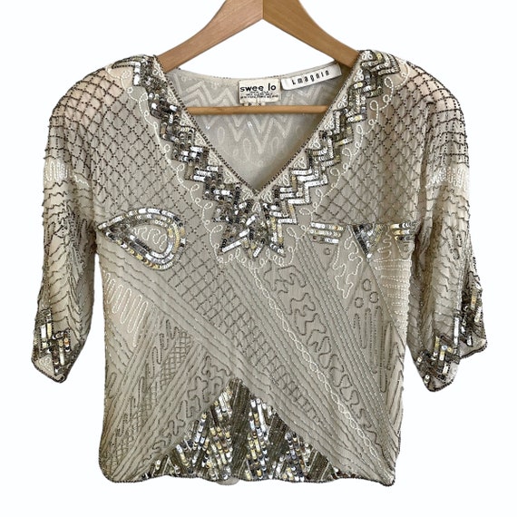 Swee Lo for I. Magnin Beaded Sequin Silk Top - Vi… - image 1