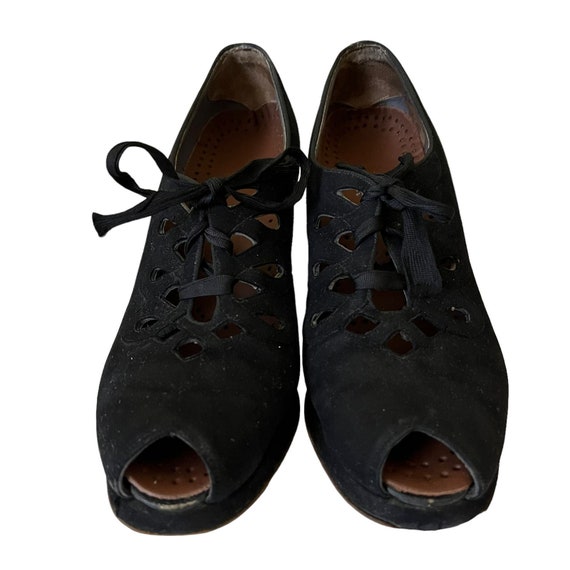 Vintage Black Suede Lace-Up Peep-Toe Oxfords Pump… - image 3