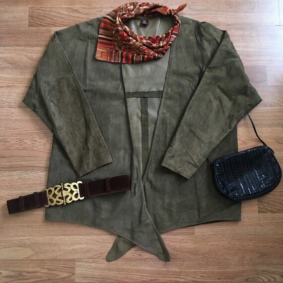 Vintage Anne Klein Suede Cardigan Olive Green Leat