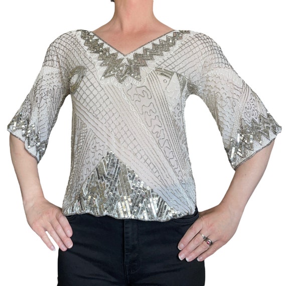 Swee Lo for I. Magnin Beaded Sequin Silk Top - Vi… - image 10