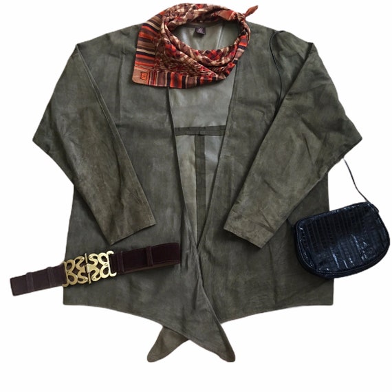 Vintage Anne Klein Suede Cardigan Olive Green Leat