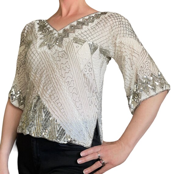 Swee Lo for I. Magnin Beaded Sequin Silk Top - Vi… - image 2