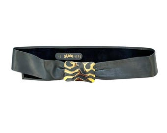 Vintage St. John Black Leather Wide Belt With Leopard-print  display picture 1