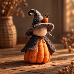 Handmade Felted Halloween Ghost with Wizard Hat & Pumpkin Decoration, Wool Felt Fall Decor, Gift for Kids