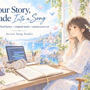 May include: An anime-style illustration featuring the text Your Story, Made Into a Song and Aevori Song Studio. A person sits at a desk with a laptop, headphones, an open notebook, and a framed painting, overlooking a coastal town and blue water.