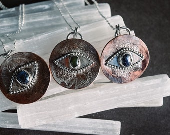 Evil Eye Jade/Blue Goldstone Sterling Silver & Copper Pendant, Mixed Metal Amulet Talisman, Evil Eye Charm Necklace, All Seeing Eye Pendant