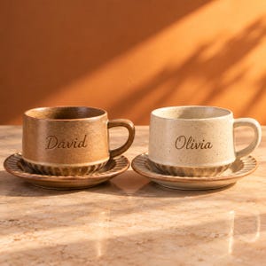 May include: Two ceramic mugs with matching saucers, one in a warm brown tone and the other in a speckled cream finish. Each mug features a side handle, a ribbed base, and the engraved names David and Olivia respectively in a cursive script.