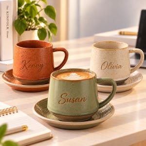 Custom Engraved Coffee Cup, Personalized Ceramic Mug with Name or Text, Rustic Tea Drinkware, Unique Coffee Gift, Holiday Present