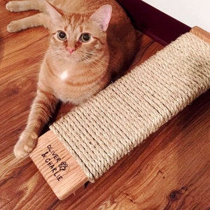 May include: A brown wooden cat scratching post with sisal rope wrapped around it. The scratching post has the text "Oliver & Charlie" engraved on it. A ginger cat is sitting next to the scratching post.