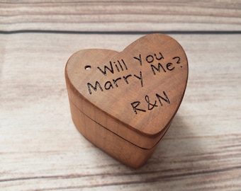 Engagement Ring Box - Heart Shaped Box- Mini - Wooden Ring Box- Personalized Ring Box- Rustic Wedding - Marry Me - Ring Box Proposal