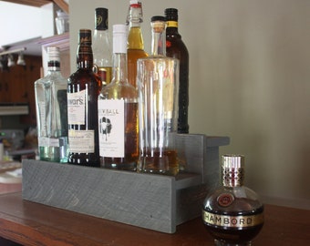 Gray Stain Liquor shelf- Wood Liquor Bottle Shelf- Tiered Bottle Shelves- Rustic Wood- Single Shelf, Double Shelf & Triple Shelf