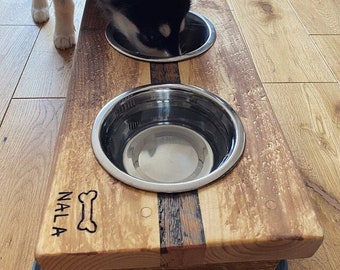 Personalized Rustic Wood Elevated Pet Feeder - Stainless Steel Bowls