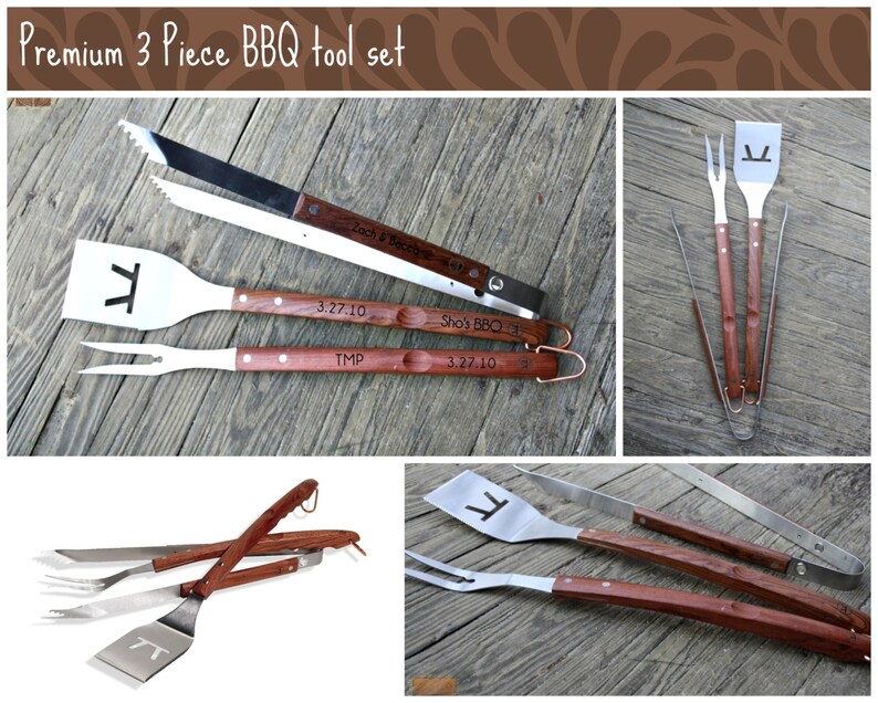 Personalized Grill tool set Engraved BBQ Tools Husband Gift Dad gift Hand engraved custom designed Premium BBQ set image 3