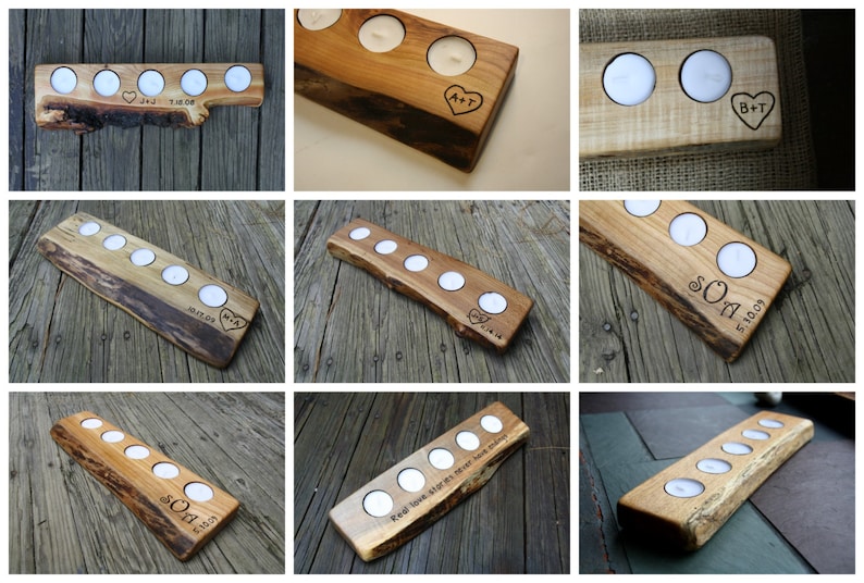 May include: A wooden candle holder with six candle slots. The holder is made from a natural piece of wood with a bark edge. The wood is stained a dark brown color. The candle holder is engraved with the text "S.O.A. 5.5.1009".