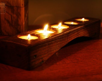 Personalized Candle Holder- Rustic Wood Tea light Candle Holder-  5 tealight holder with Curve- Unique Home Decor