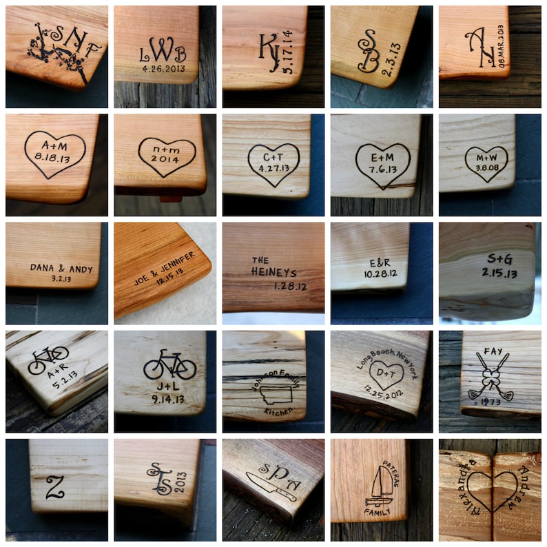 May include: A collection of 20 wooden cutting boards with various designs and text burned into the surface. The designs include hearts, bicycles, initials, and dates. The text includes names, dates, and phrases like "Kitchen" and "Family".