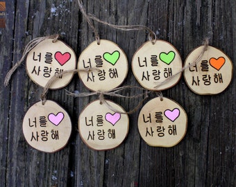 Korean I Love You with heart - Rustic Wood Tree Branch Personalized Ornament or Magnet - Blush Pink Heart