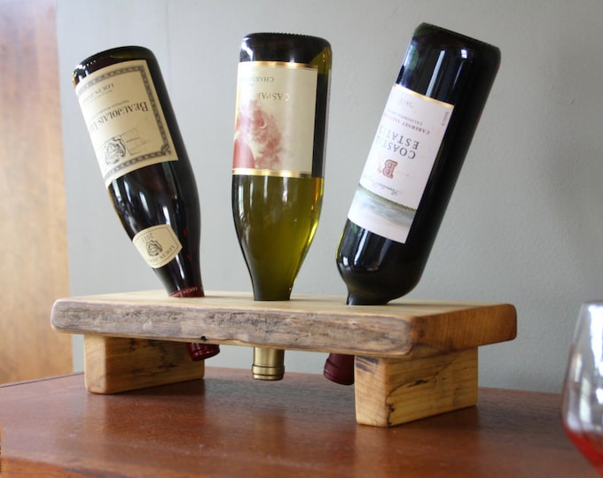 3 Bottle Wine Holder - Rustic Wine Display Stand - Unique Personalized Wedding Gift - 5th Anniversary Gift- Butternut or Elm