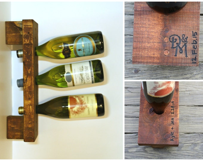 Wood Wine Rack- Wall Rack - 3 Bottle - Personalized wedding gift - One of a kind Handcrafted