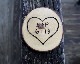 Personalized Wood Slice Heart Magnet – Rustic Anniversary Gift