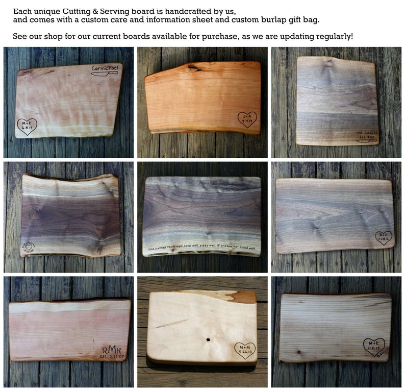 May include: Nine different wooden cutting boards with various wood grains and personalized engravings. The boards are all rectangular and have rounded edges. Some of the engravings include names and dates.