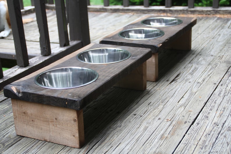 Personalized Dog Feeder Dog Bowls Rustic Wood Elevated Pet Etsy