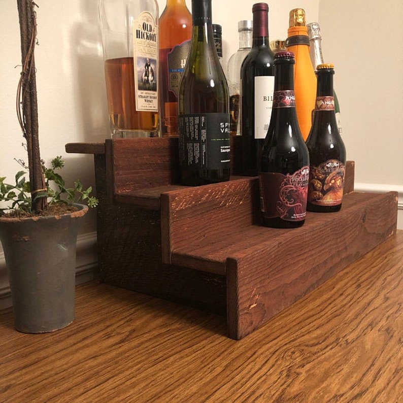 Liquor shelf Wood Liquor Bottle Shelf Tiered Bottle Shelves Etsy