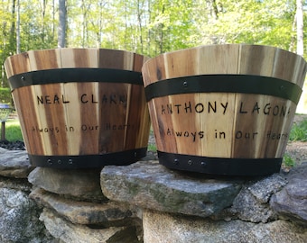 Personalized Wood Planter -Unique Gift for Mom - Burnt Brown or Round Natural wood planters with hand engraving- Mother's Day Garden Gift
